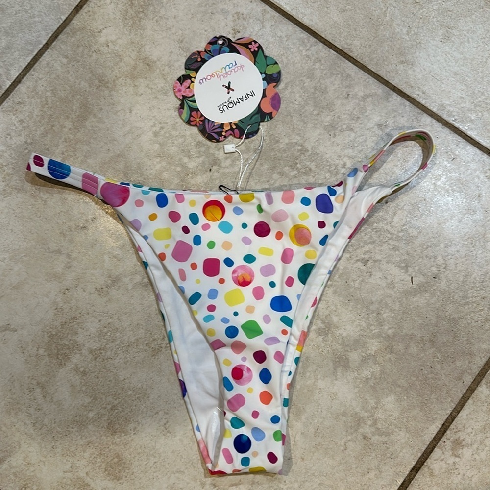 NWT! Infamous Swim x Kasey Rainbows Stella Cheeky Bikini Bottoms L Swim